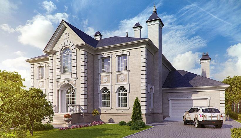 7. Проект двухэтажного дома в классическом стиле с четырехскатной, SOV-18, площадью - 536 кв c балконом, гаражом, эркером